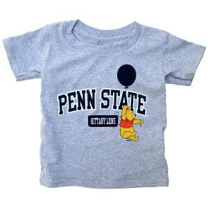 infant and toddler heather gray t-shirt with Penn State Nittany Lions and Winnie the Pooh holding balloon